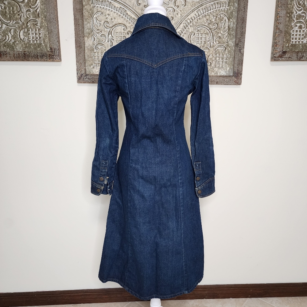 70's Vintage Landlubber Denim Duster Snap Button Dress Sz7 USA Western Boho Chic - Picture 11 of 15